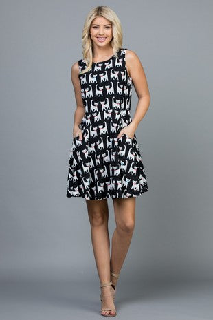 COUPLE CAT WITH BOW TIE PRINT DRESS WITH POCKET - DR1920