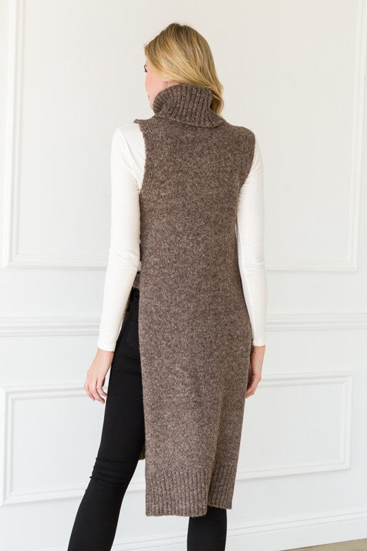 Open side seam sleeveless turtle sweater tunic -16578