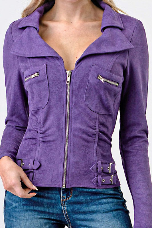 Zip up Two Pocket Suede Long Sleeve Jacket
