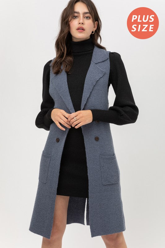 Open Front Collared Long Line Knit Vest Cardigan -9010WHX.