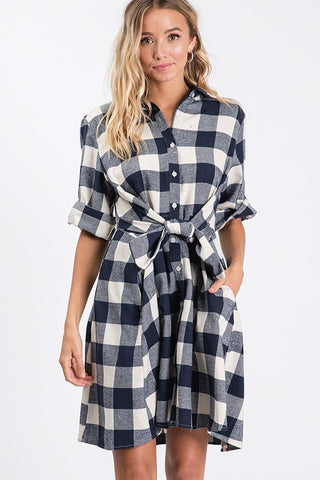 Plaid Tie Waist 3/4 Sleeve Dress-N2293.