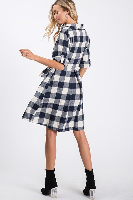 Plaid Tie Waist 3/4 Sleeve Dress-N2293.