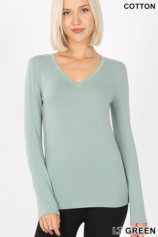 COTTON V-NECK LONG SLEEVE TOP