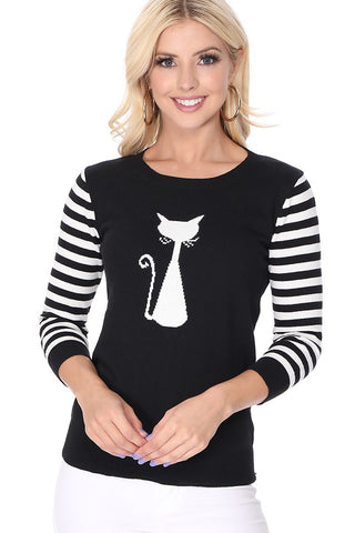 Cat Graphic Round Neck Sweater Top-mk8249