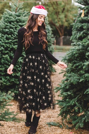 Gold Star Embroidered Black Tulle Skirt-SWE2700 GOLDSTAR