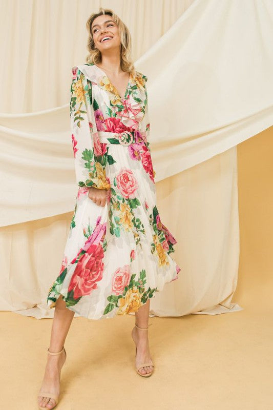 Floral Midi Dress with Pleats