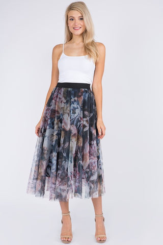 BAROQUE FLOWER PRINT TULLE FULL MIDI SKIRT