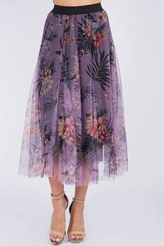 Tulle Layered Floral Print Midi Skirt