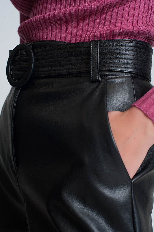 SHORTS BLACK WITH BELT IN FAUX LEATHER-3023401