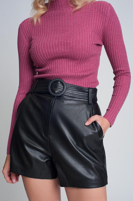 SHORTS BLACK WITH BELT IN FAUX LEATHER-3023401