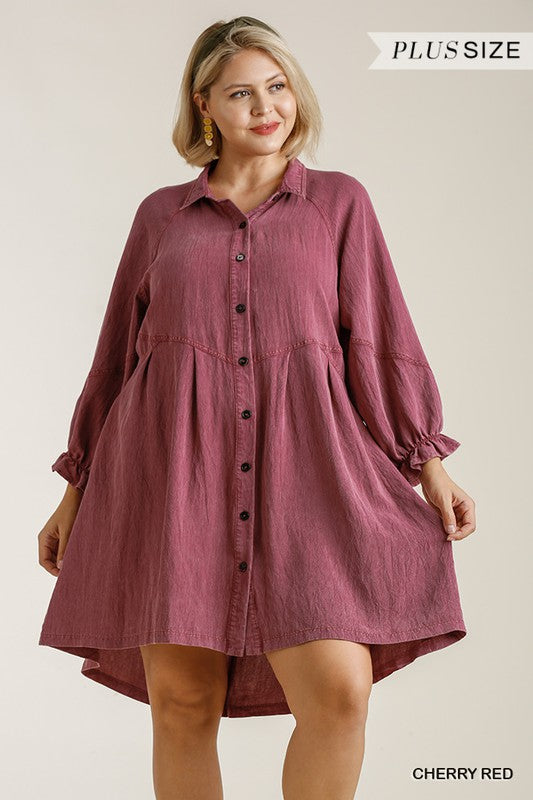 Button Down Ruffle Cuffed Long Sleeve Dress in Plus Sizing