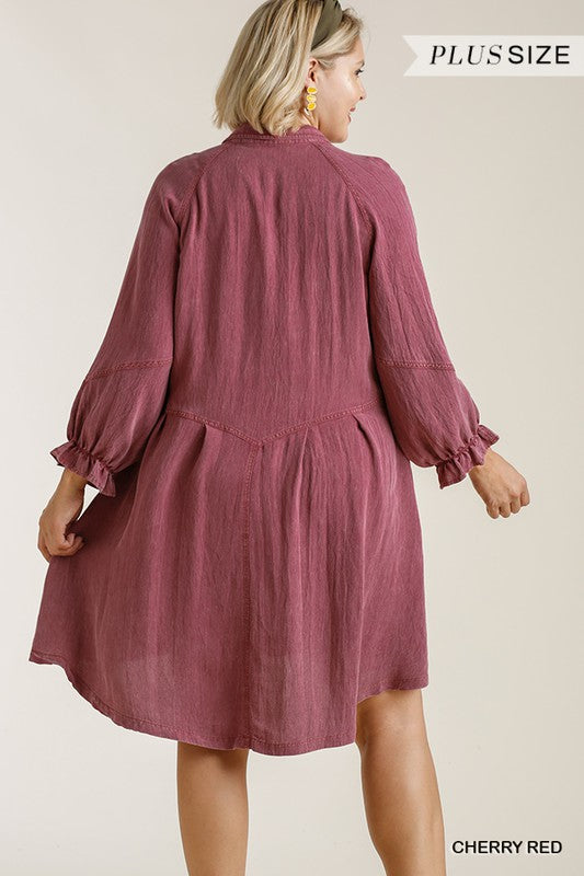 Button Down Ruffle Cuffed Long Sleeve Dress in Plus Sizing