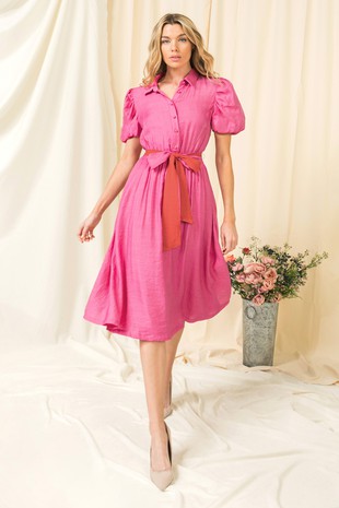 Button Down Dress with puff short sleeves