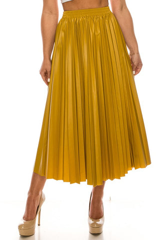 Pleated Vegan Leather Skirts in Mustard