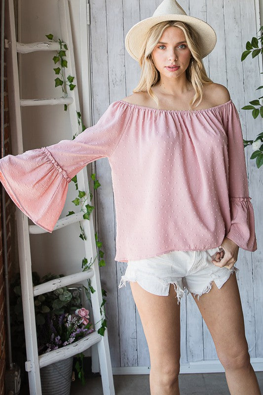SWISS DOT ELASTIC NECKLINE RUFFLED 3/4 SLEEVE BLOUSE