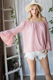 SWISS DOT ELASTIC NECKLINE RUFFLED 3/4 SLEEVE BLOUSE