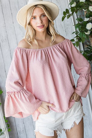 SWISS DOT ELASTIC NECKLINE RUFFLED 3/4 SLEEVE BLOUSE