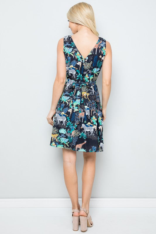 ANIMAL WORLD PRINT SKATER DRESS WITH POCKET, LINING AND TIE BACK