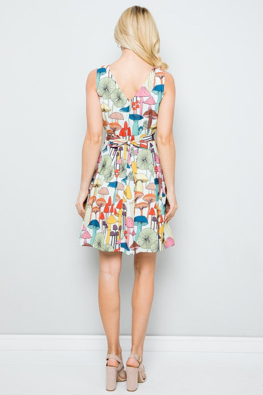 SUMMER STYLED MUSHROOM PRINT SKATER DRESS WITH POCKETS