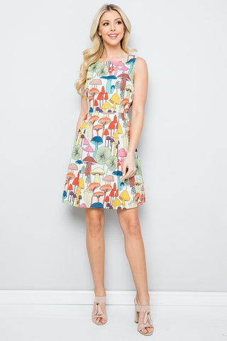 SUMMER STYLED MUSHROOM PRINT SKATER DRESS WITH POCKETS