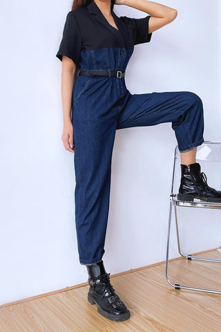 V Neck Short Sleeve Denim Jumpsuit