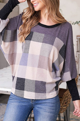 Dolman Sleeve Plaid Patterned Contrast Top