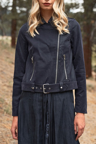 Faux Suede Zipper Front Belted Biker Jacket