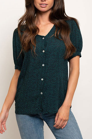 POLKA DOT PRINT PUFF TEAL BLOUSE