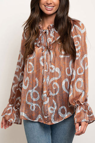 Geo Print Satin Swirl Bubble Sleeve Top