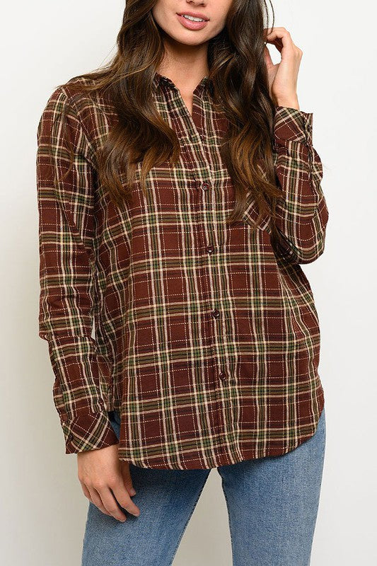 BUTTON F RONT POCKET DETAIL PLAID TOP