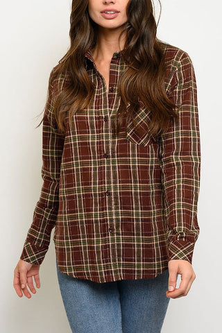 BUTTON FRONT POCKET DETAIL PLAID TOP