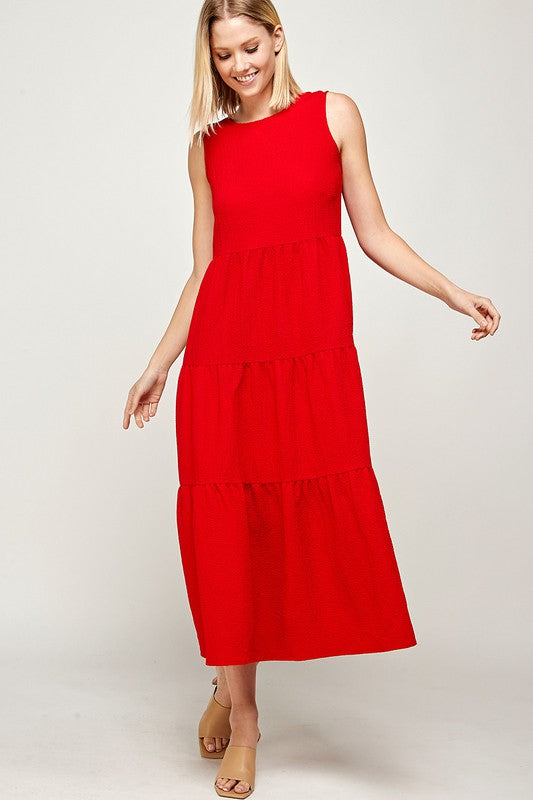 Round Neck Sleeveless Tiered Midi Dress