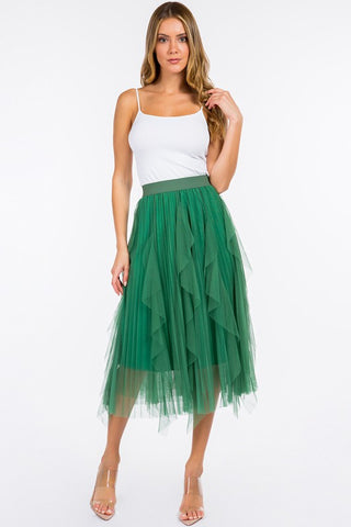 PLEATED AND RUFFLED TULLE MIDI SKIRT