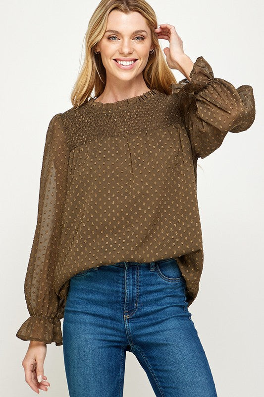 Dot Textured Smocked Casual Top
