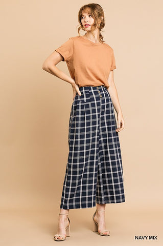 CHECKER PRINT HIGH WAIST WIDE LEG PANTS -U1-N6602