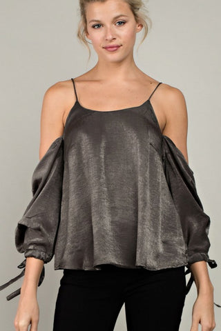 COLD SHOULDER  GREY SATIN BLOUSE
