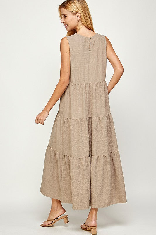 Round Neck Sleeveless Tiered Midi Dress
