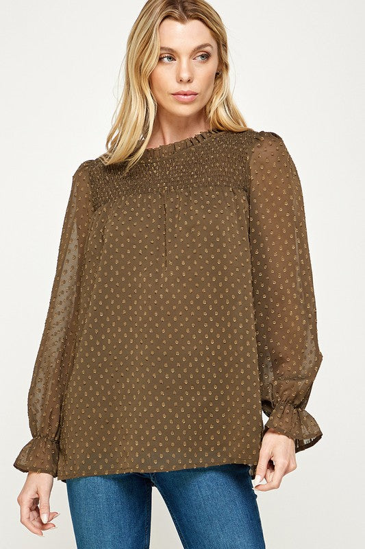 Dot Textured Smocked Casual Top