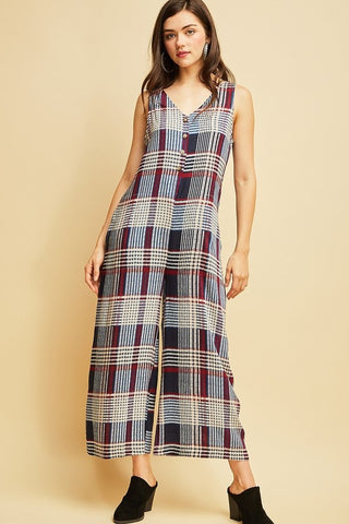 NAVY Plaid print v neck jumpsuit with side pockets