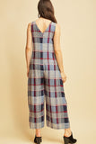 NAVY Plaid print v neck jumpsuit with side pockets