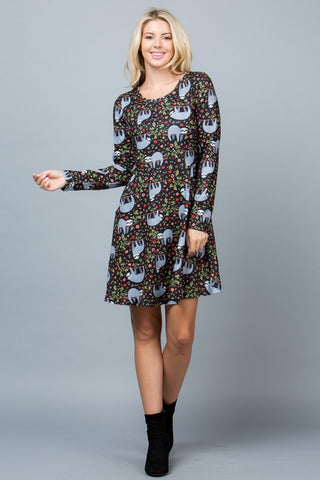 SLOTH PRINT LONG SLEEVE SWEATER DRESS