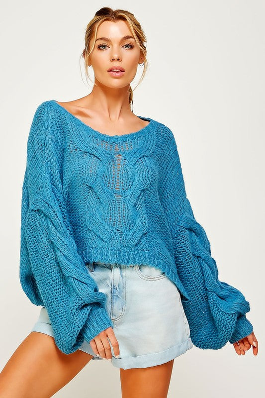 BOXY LOOSE CHUNKY CABLE KNIT OVERSIZE SWEATER
