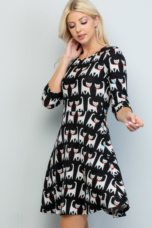 PRINTED CAT PATTERN DRESS WITH BOW TIE AND POCKETS