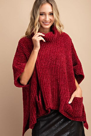 Solid turtleneck Chenille knit poncho sweater-sk2092 | Pom Pom
