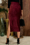 Side Slit Stripe Print Corduroy Midi Skirt-LS40125 CORDUROY SKIRT