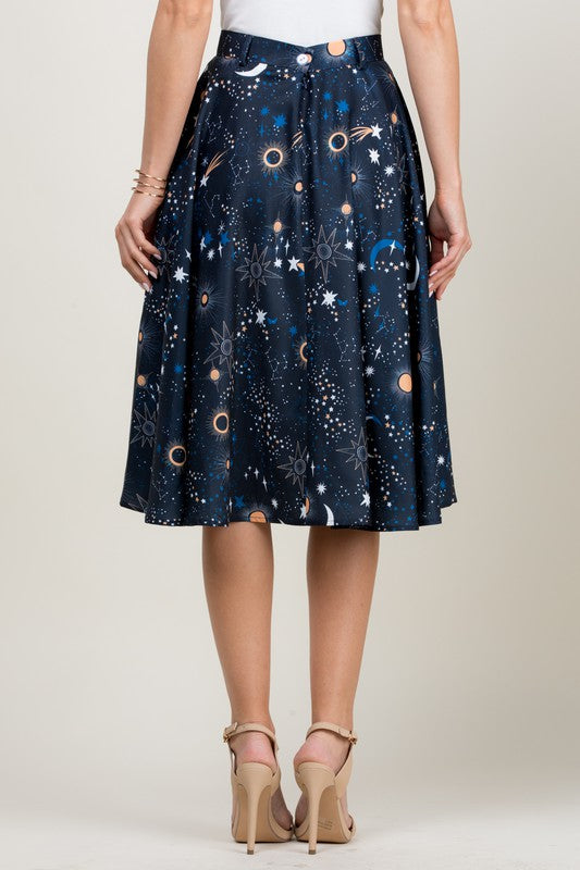 Ladies Blue Galaxy Planets Cosmos amp Space Print Flared Skirt Size 822   eBay