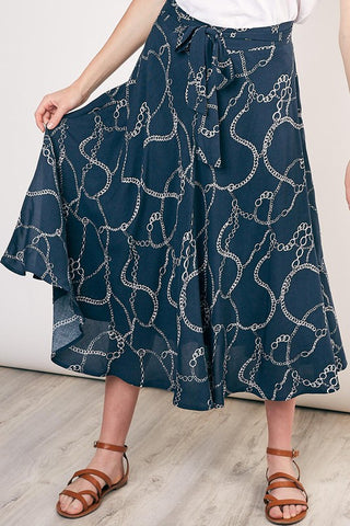 Navy Chain print Midi Skirt