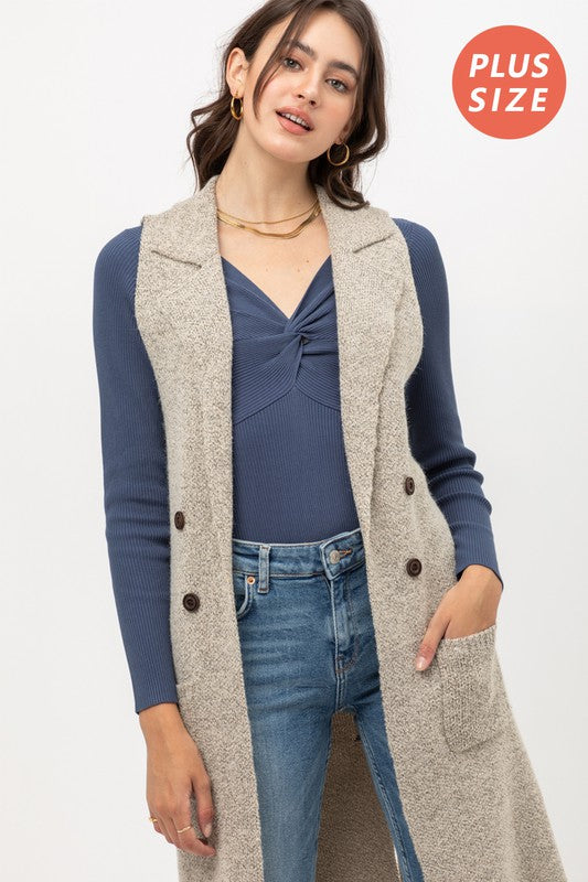 Open Front Collared Long Line Knit Vest Cardigan -9010WHX. | Pom