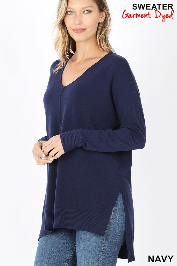 HI-LOW HEM FRONT SEAM SWEATER - SOFT GARMENT DYED SWEATER - TW-1962 - RELAXED FIT