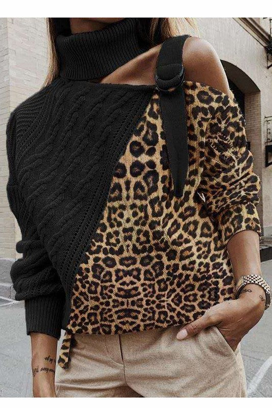 COLD SHOULDER TRENDY LEOPARD PATTERN AND CABLE KNIT SWEATER -301TS2552-